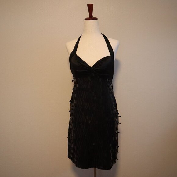 Vintage Express Sequin Fringe Halter Black Mini Dress Size XS - Picture 1 of 8